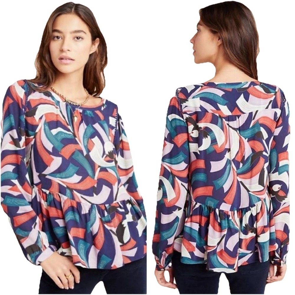 Maeve By Anthropologie Abstract Babydoll Top Peplum Colorful Boho Peasant Size S